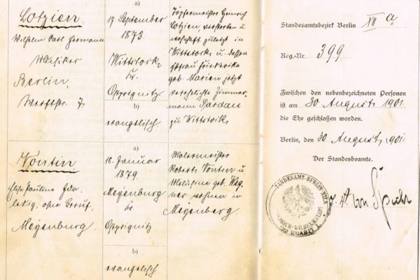 <span class="entry-title-primary">Eheleute LOTZIEN/VONTIN (oo 30.08.1901 in Berlin-Wilhelmstadt)</span> <span class="entry-subtitle">Ahnenforschung in Berlin</span>