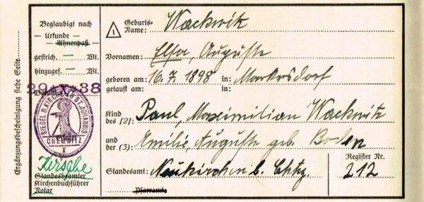 <span class="entry-title-primary">Ahnenreihe Elsa WACKWITZ (geb. 16.07.1898 in Chemnitz-Markersdorf)</span> <span class="entry-subtitle">Genealogie Wackwitz</span>